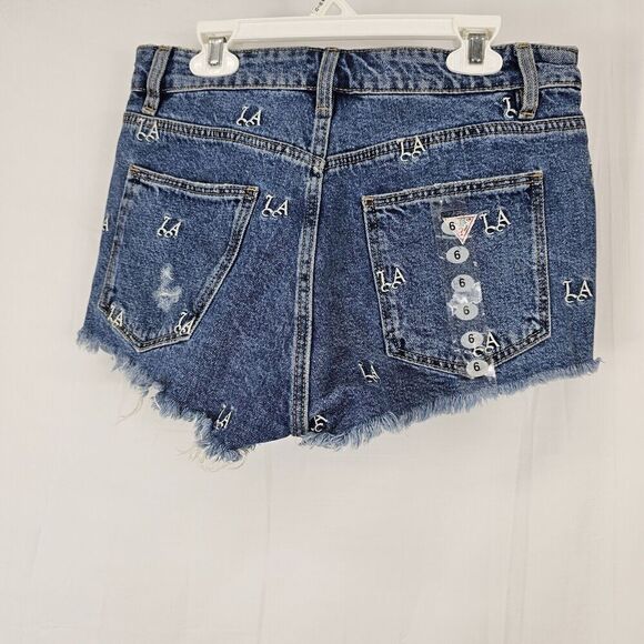 Guess Los Angeles Cut-Off Embroidered L.A. Blue Jean Shorts Women's Size 6 NWT - Picture 3 of 5